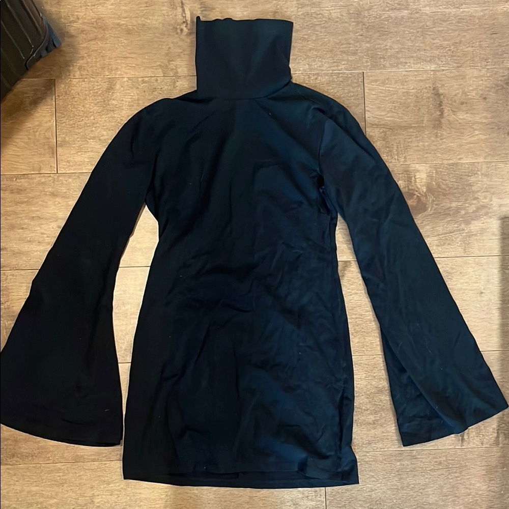 Black Turtleneck Dress with Flared Sleeves